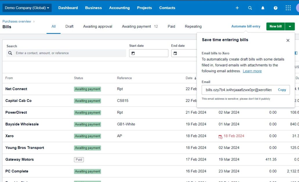 email bills into Xero